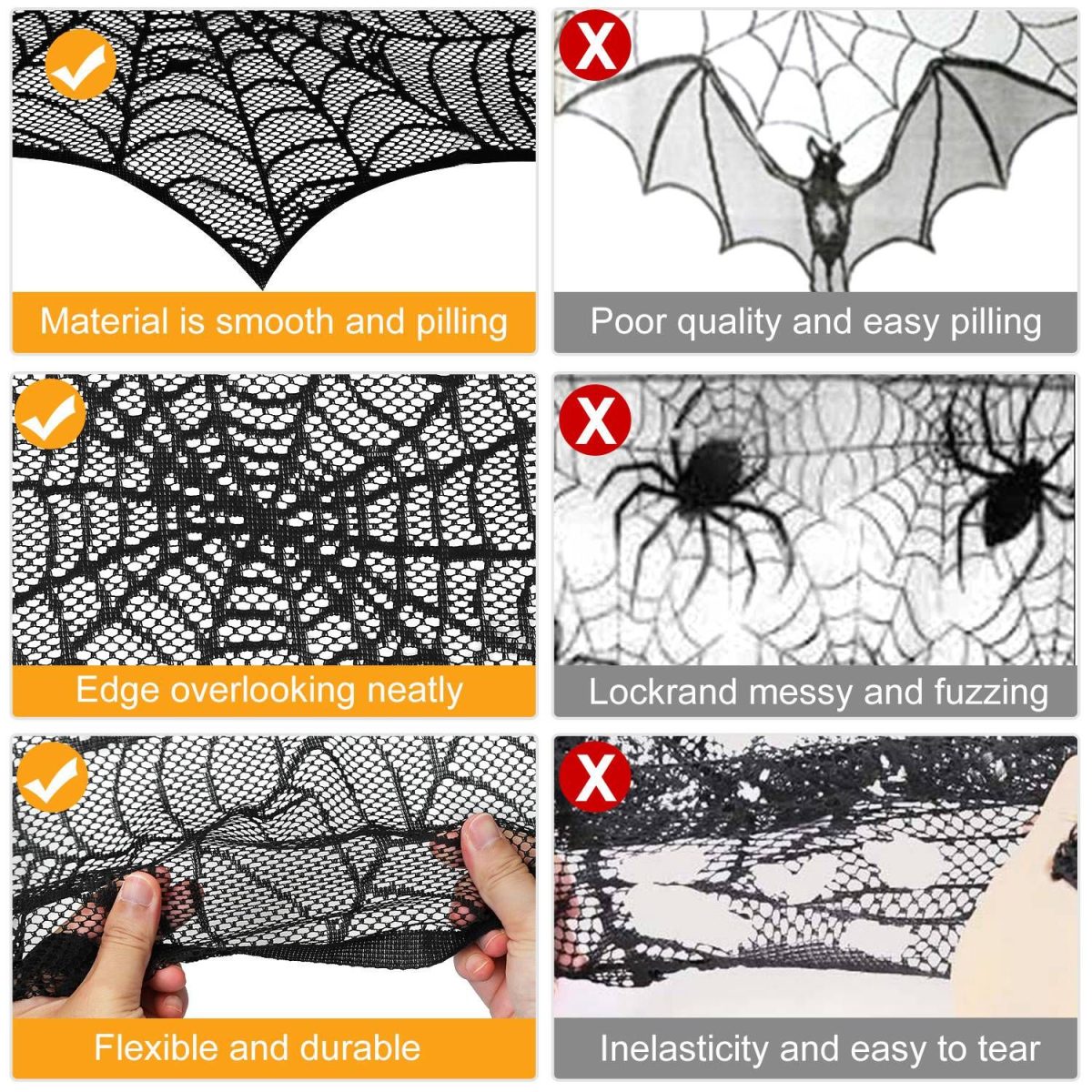 Halloween Fireplace Mantle Scarf - 96x18 Inch Black Lace Scarf with Spider Web, Bat & Spider Design, Lightweight Durable - Ideal for Haunted House, Party, Window, Dining Table Decor - Image 16