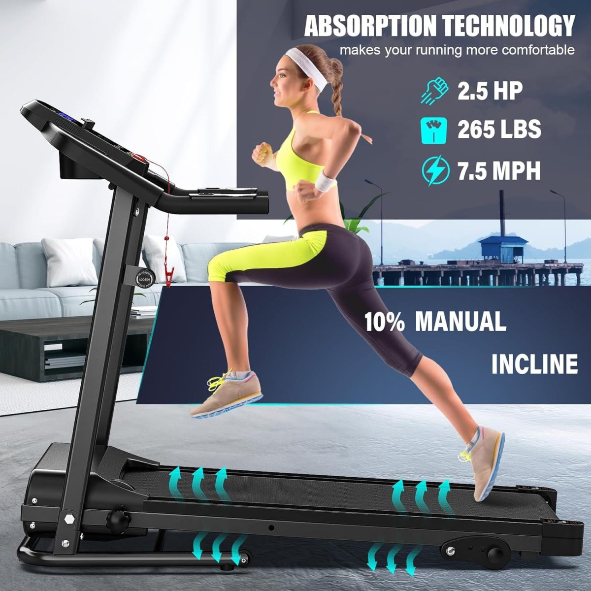 Compact Folding Treadmill for Home - 2.5HP Quiet Brushless Motor, 3-Level Incline, 7.5 MPH, Shock Absorption, Space-Saving Design for Running, Walking - Treadmill for Small Spaces & Home Use - Image 2