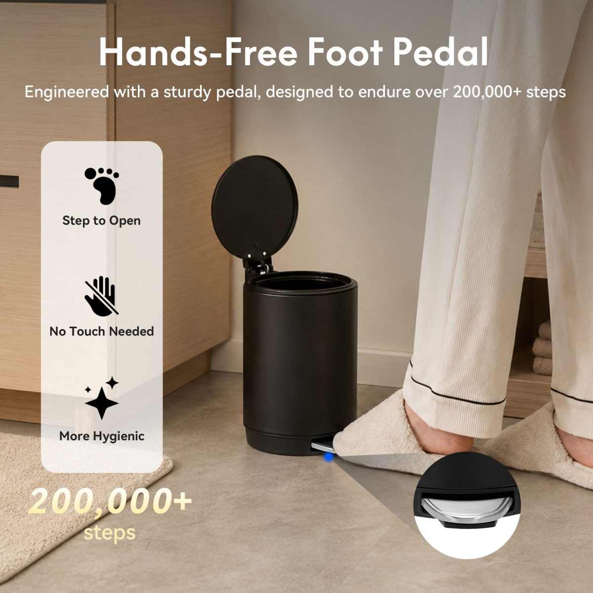 3L/0.8 Gallon Round Step Trash Can, Small Stainless Steel Bathroom Garbage Can with Foot Pedal and Removable Inner Bucket for Bathroom, Bedroom, Office, Black - Image 3