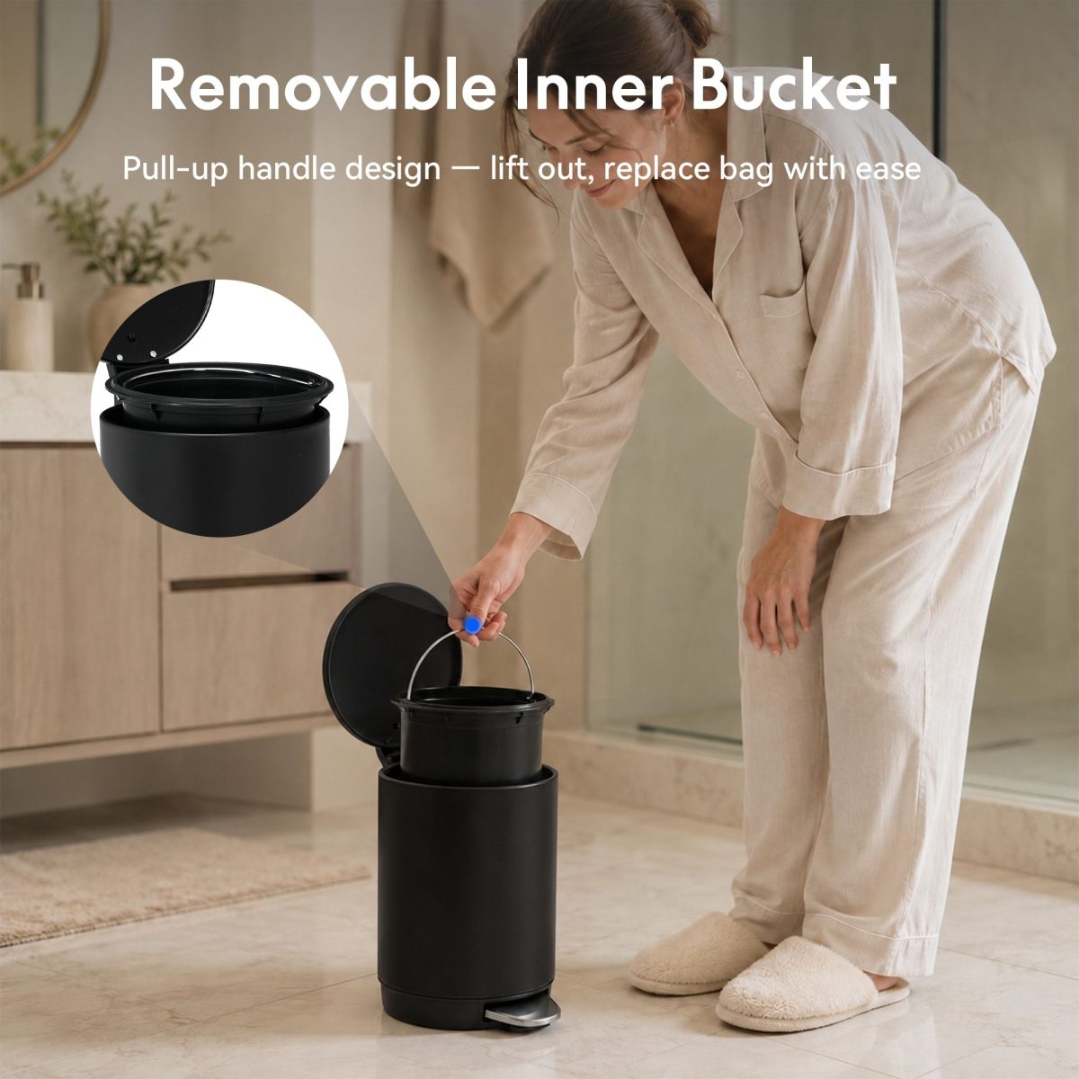 3L/0.8 Gallon Round Step Trash Can, Small Stainless Steel Bathroom Garbage Can with Foot Pedal and Removable Inner Bucket for Bathroom, Bedroom, Office, Black - Image 5