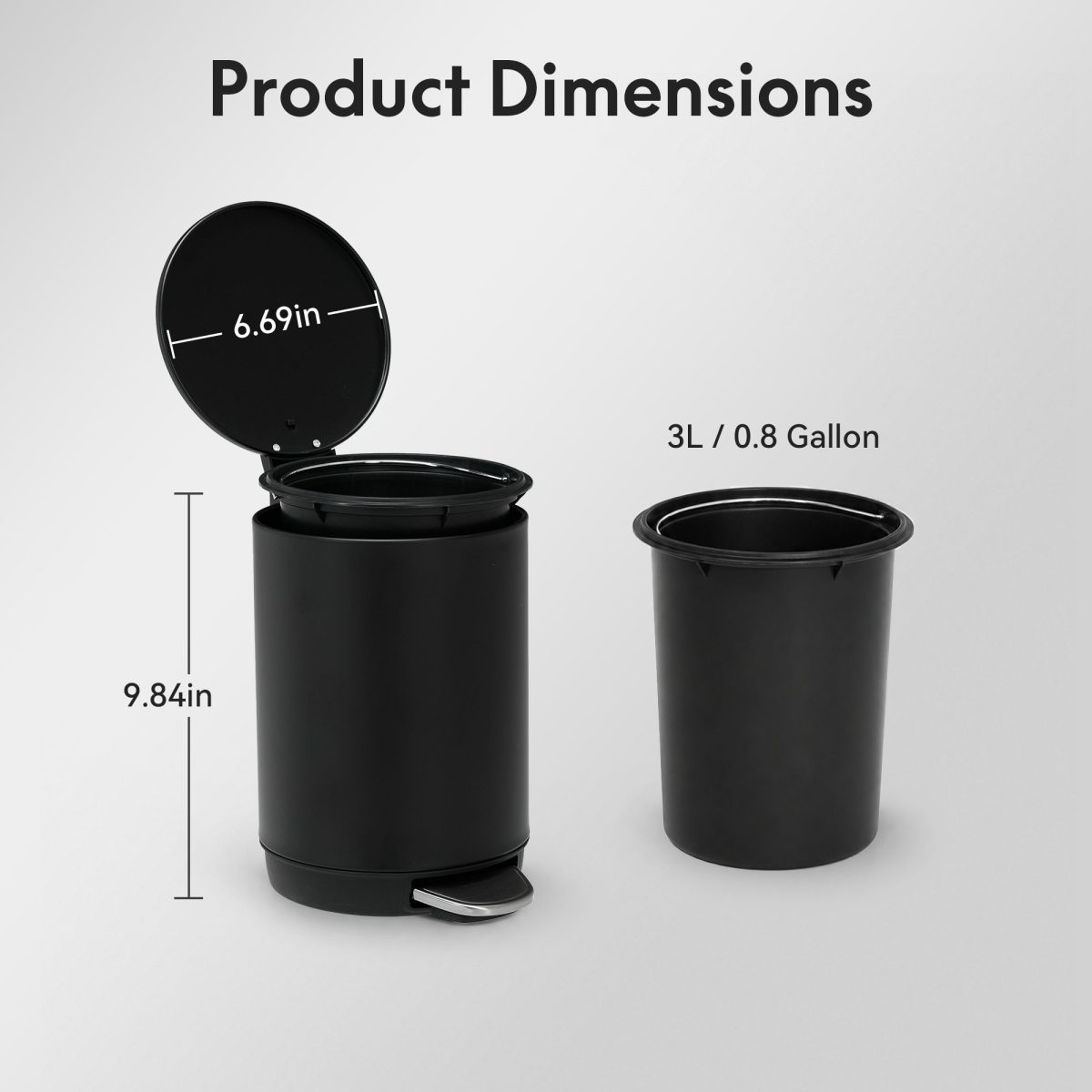 3L/0.8 Gallon Round Step Trash Can, Small Stainless Steel Bathroom Garbage Can with Foot Pedal and Removable Inner Bucket for Bathroom, Bedroom, Office, Black - Image 8