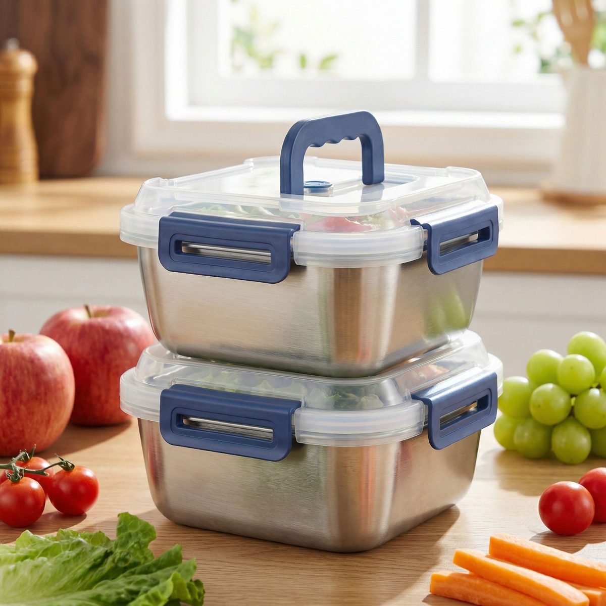 Yakimoto 2/4/6/8/10 PCS Extra-Large Stainless Steel Food Storage Containers With Blue Lids - Deep Design, Airtight Seal, Perfect For Refrigerator Organization, Meal Prep, Lunch Boxes & Kitchen Pantry - Image 2