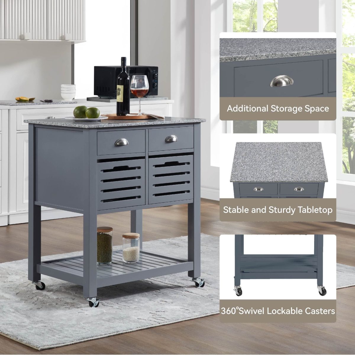 Mobile Rolling Kitchen Island Trolley Serving Cart with Underneath Drawer & Slide-Out Wire Storage Basket - Image 3