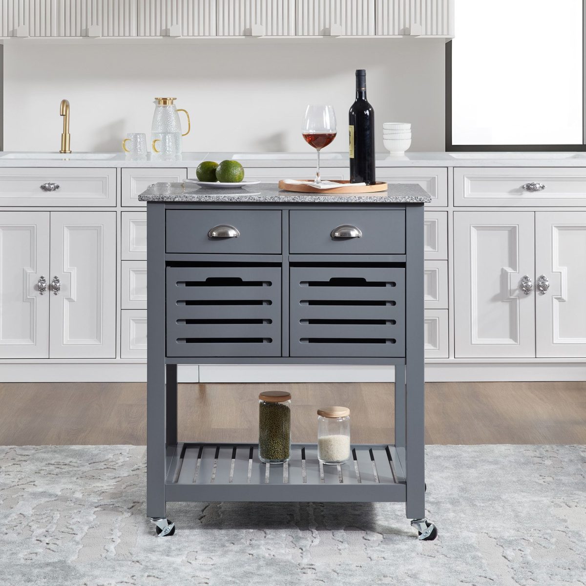 Mobile Rolling Kitchen Island Trolley Serving Cart with Underneath Drawer & Slide-Out Wire Storage Basket - Image 5