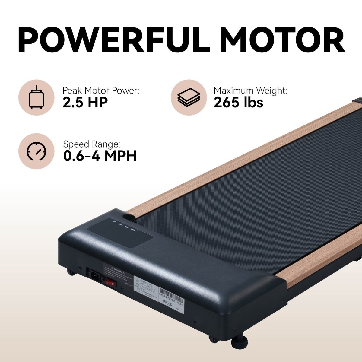 2.25HP Under Desk Treadmill, Portable Wood Walking Pad for Home & Office, Compact Running & Walking Machine with Remote Control, LED Display, Black - Image 4