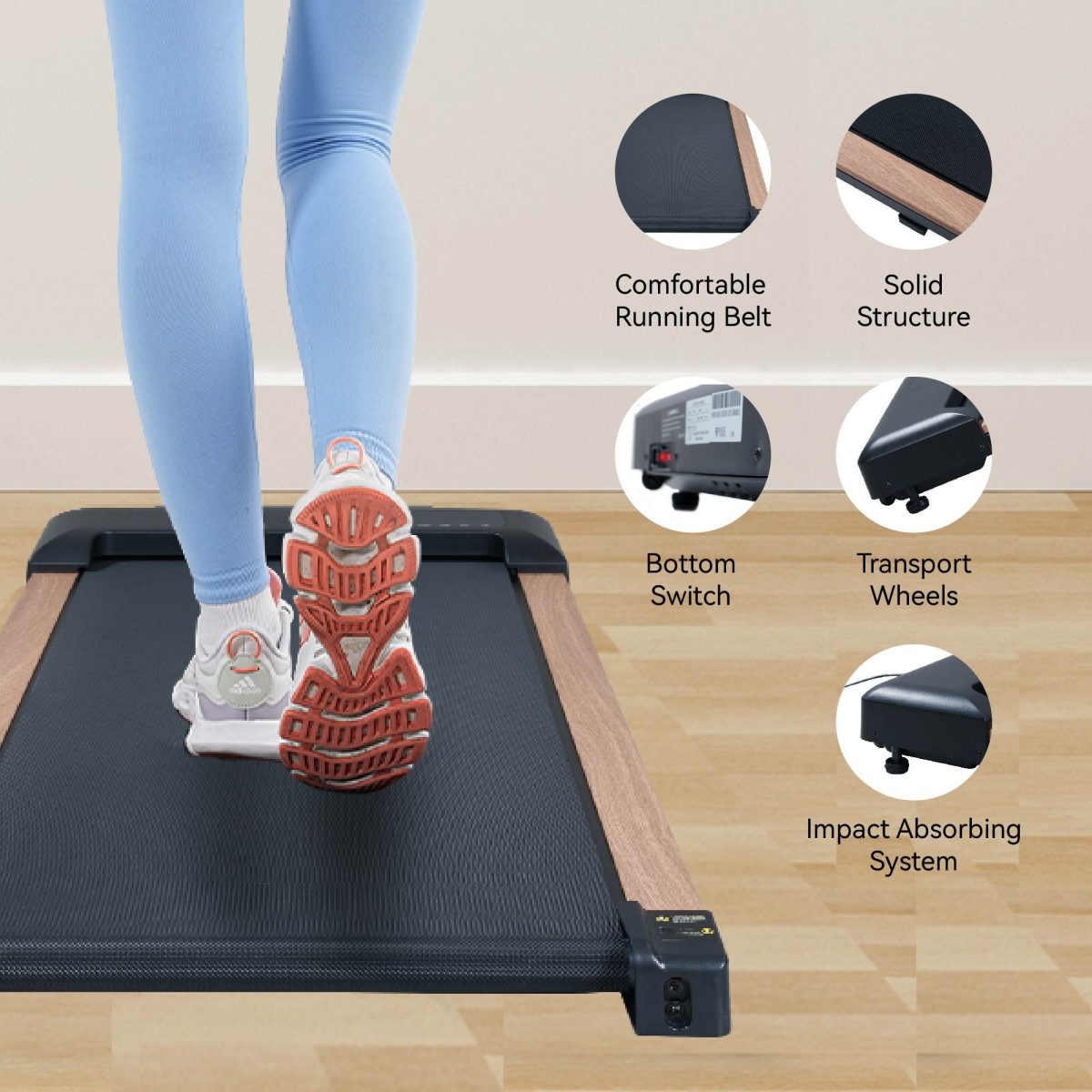 2.25HP Under Desk Treadmill, Portable Wood Walking Pad for Home & Office, Compact Running & Walking Machine with Remote Control, LED Display, Black - Image 6