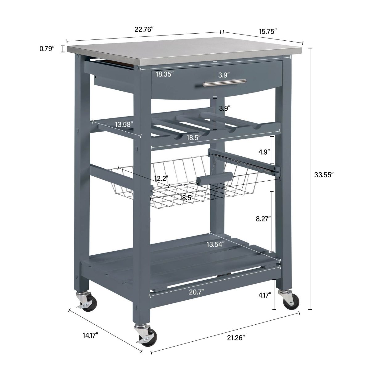 Mobile Rolling Kitchen Island Trolley Serving Cart with Underneath Drawer & Slide-Out Wire Storage Basket - Image 2