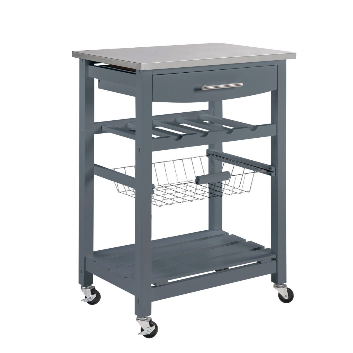 Mobile Rolling Kitchen Island Trolley Serving Cart with Underneath Drawer & Slide-Out Wire Storage Basket - Image 12