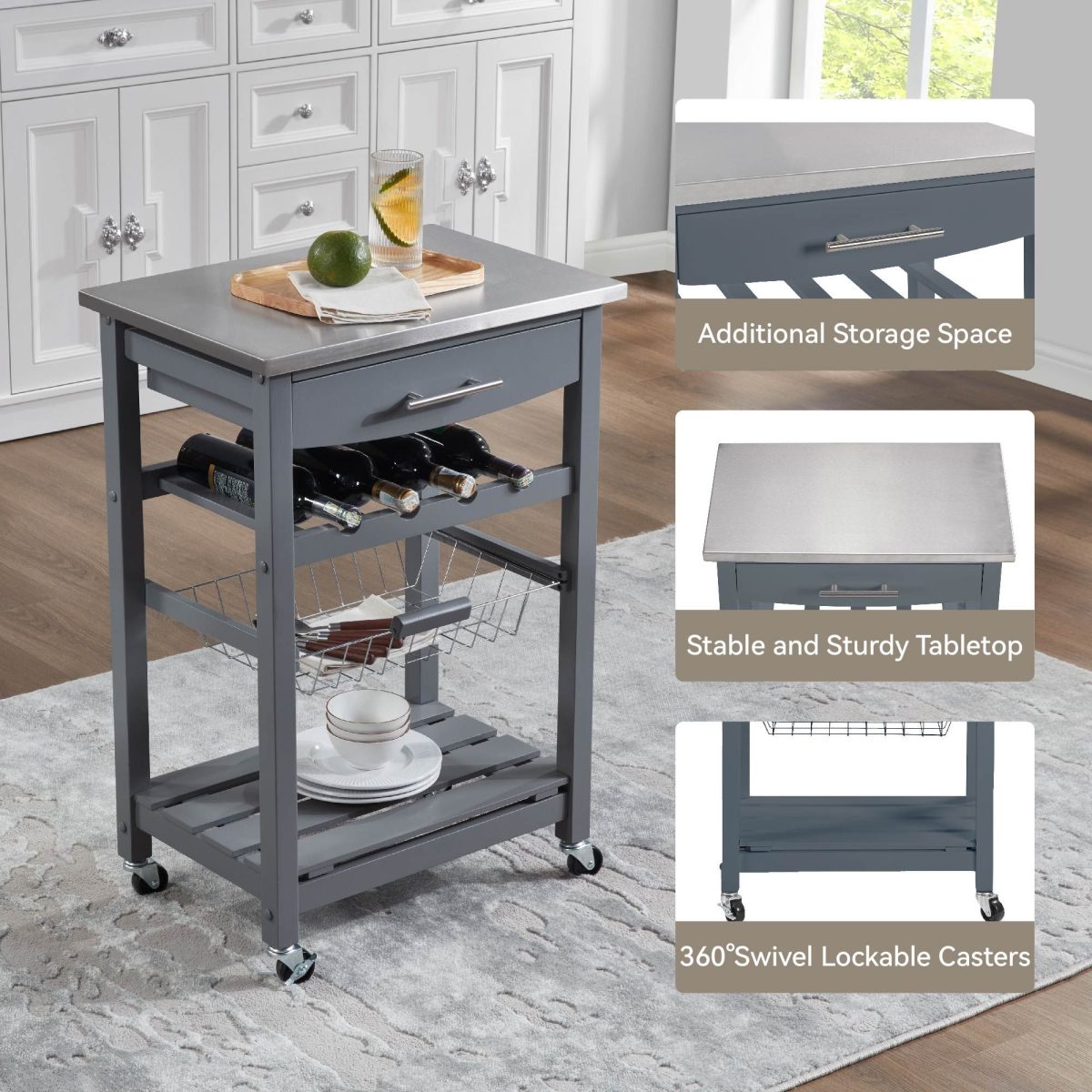 Mobile Rolling Kitchen Island Trolley Serving Cart with Underneath Drawer & Slide-Out Wire Storage Basket - Image 3