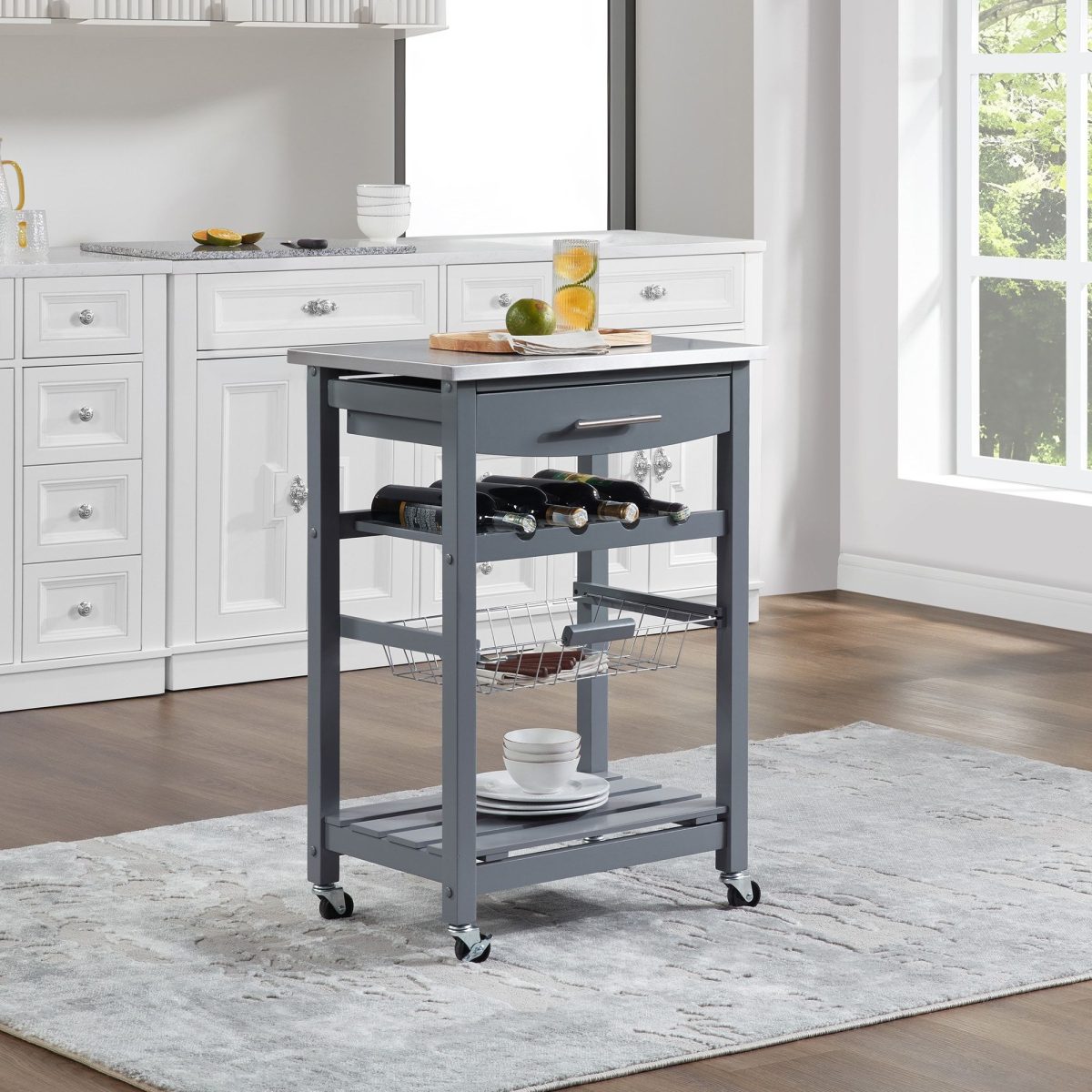 Mobile Rolling Kitchen Island Trolley Serving Cart with Underneath Drawer & Slide-Out Wire Storage Basket - Image 4