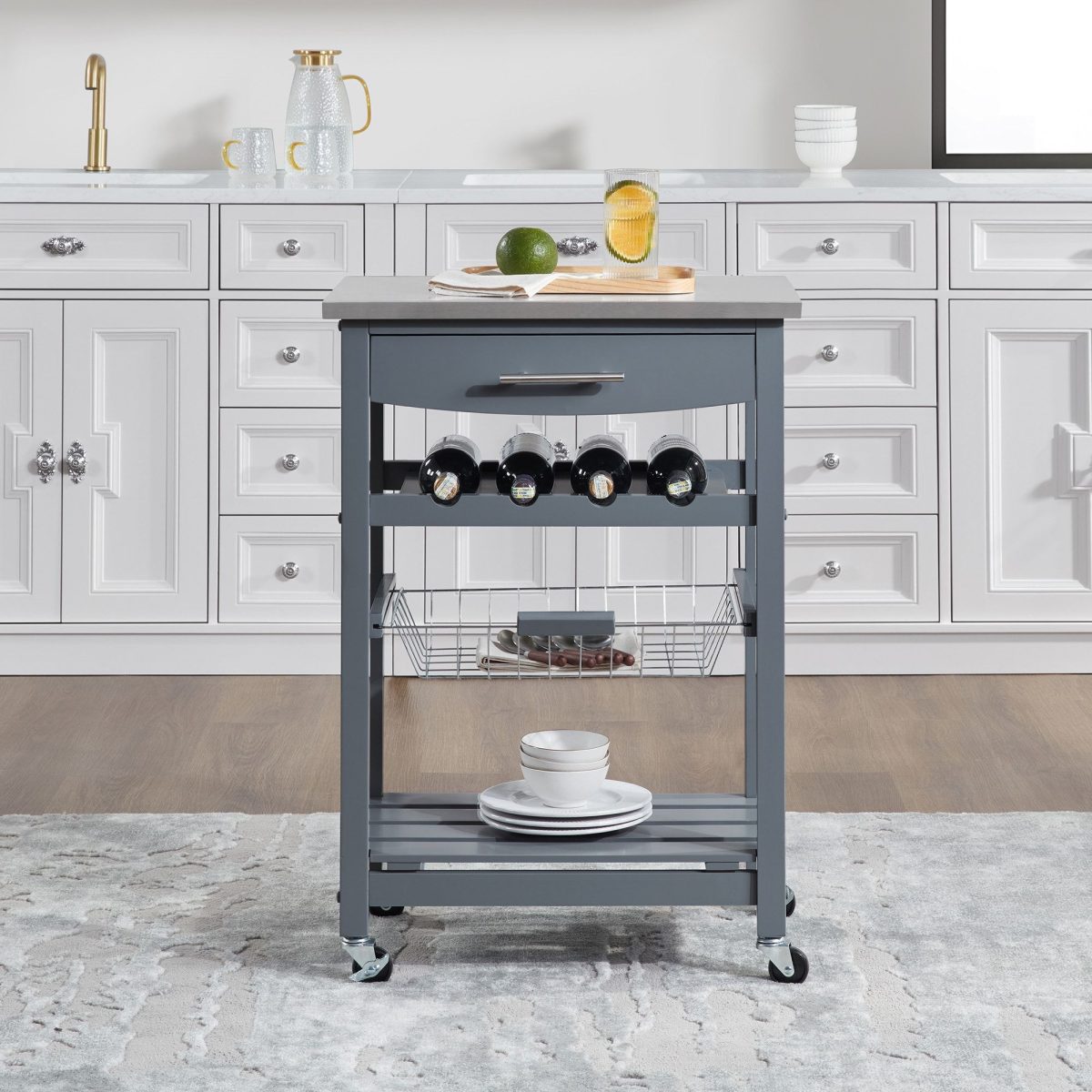 Mobile Rolling Kitchen Island Trolley Serving Cart with Underneath Drawer & Slide-Out Wire Storage Basket - Image 5