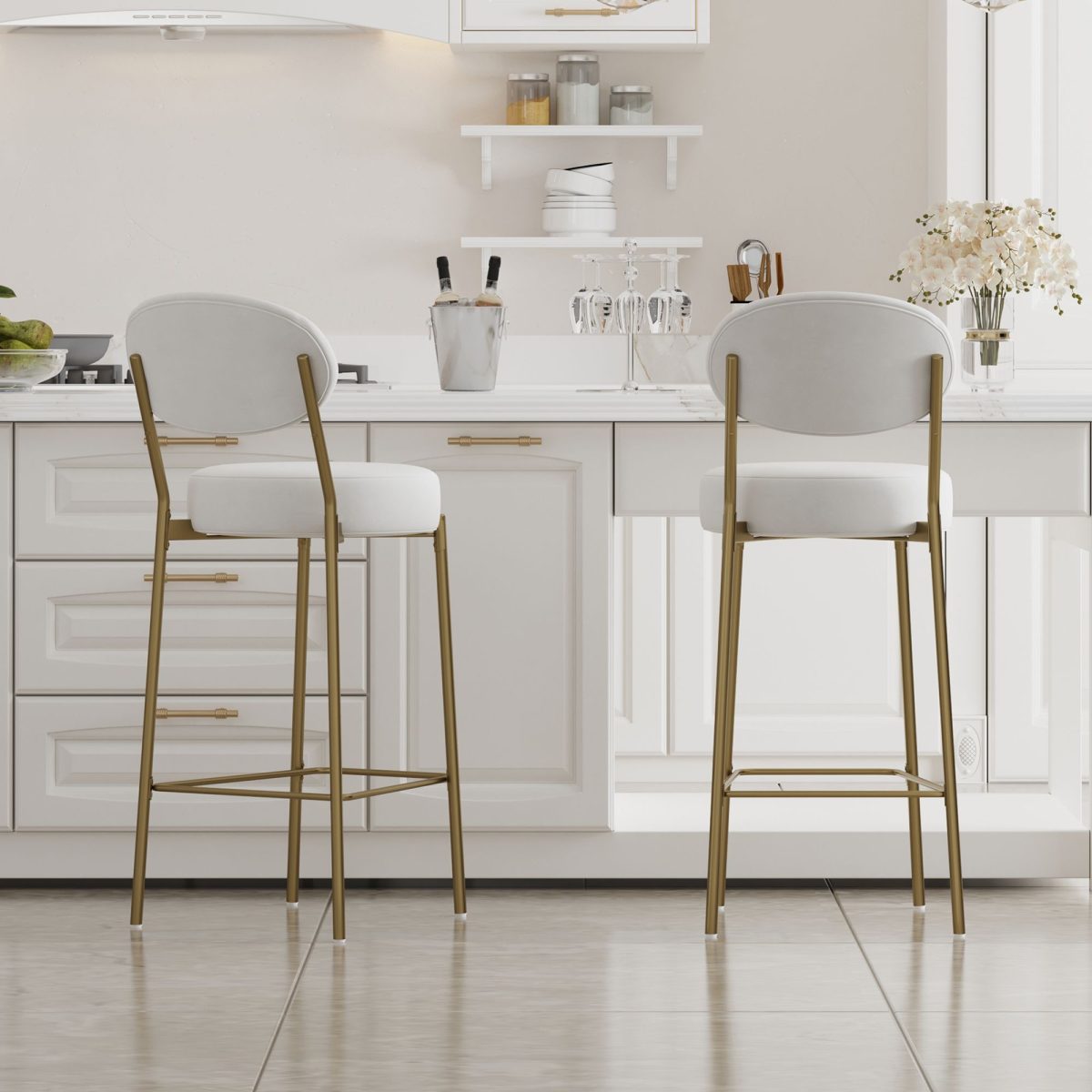 29'' Upholstered Bar Stools Velvet Counter Stool with Backrest & Footrest Set of 2 Round Dining Chairs for Kitchen(Creamy White) - Image 2