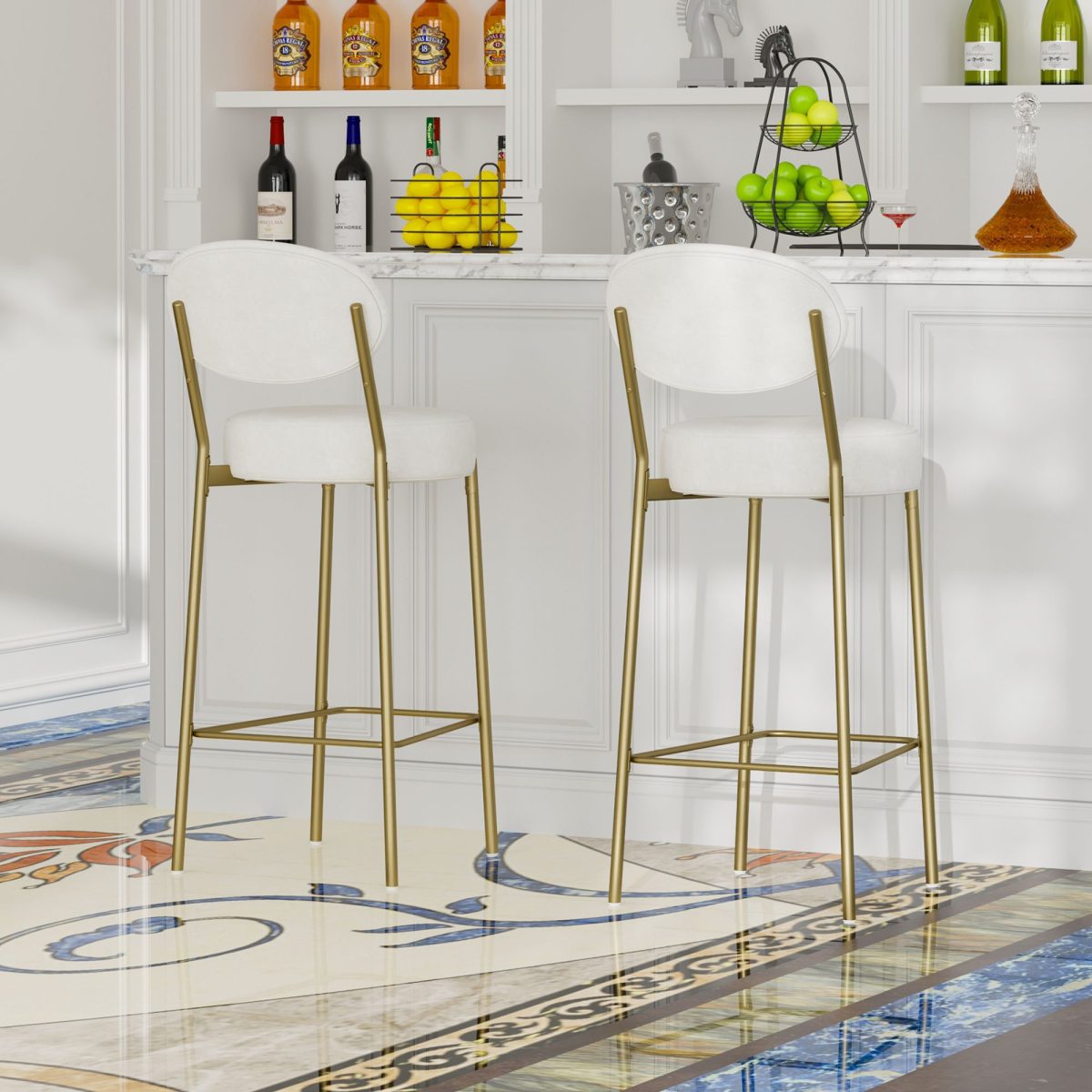 29'' Upholstered Bar Stools Velvet Counter Stool with Backrest & Footrest Set of 2 Round Dining Chairs for Kitchen(Creamy White) - Image 3