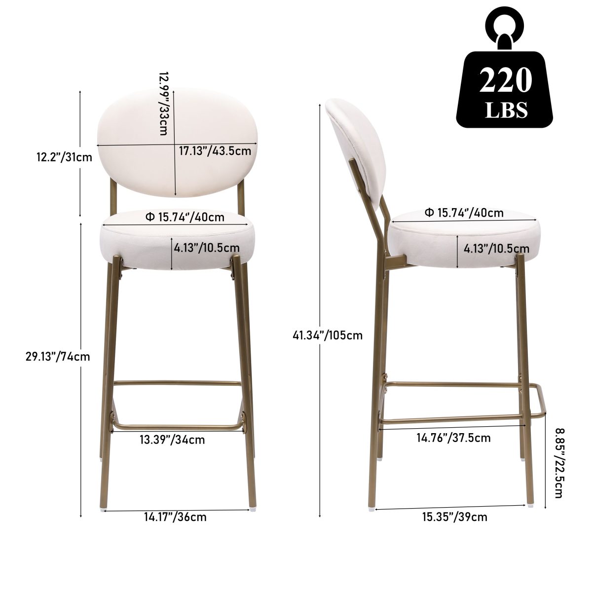 29'' Upholstered Bar Stools Velvet Counter Stool with Backrest & Footrest Set of 2 Round Dining Chairs for Kitchen(Creamy White) - Image 4