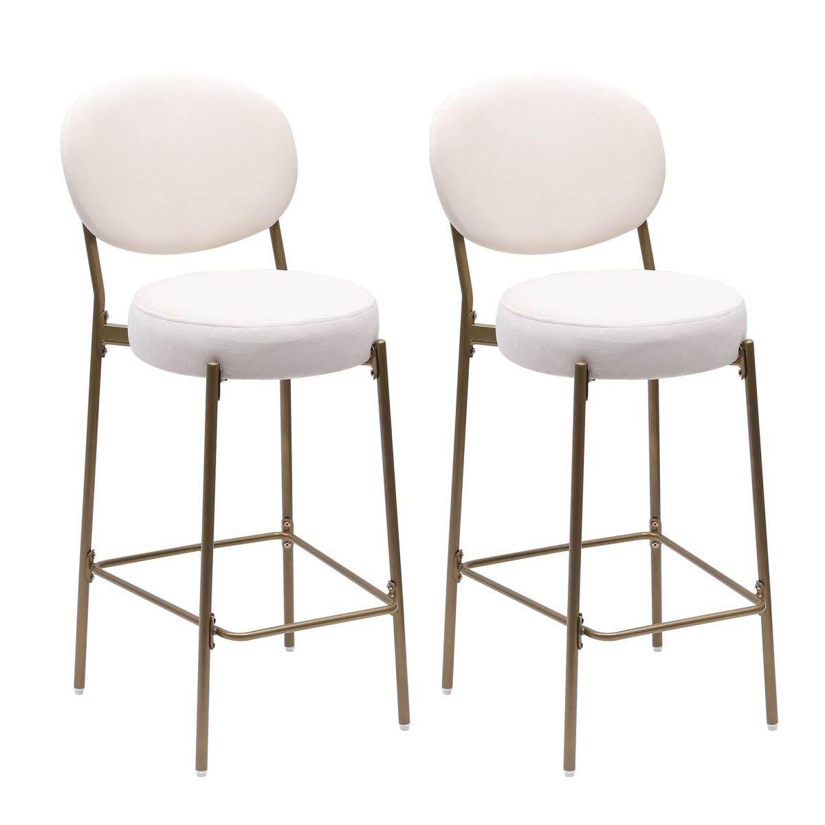 29'' Upholstered Bar Stools Velvet Counter Stool with Backrest & Footrest Set of 2 Round Dining Chairs for Kitchen(Creamy White) - Image 5