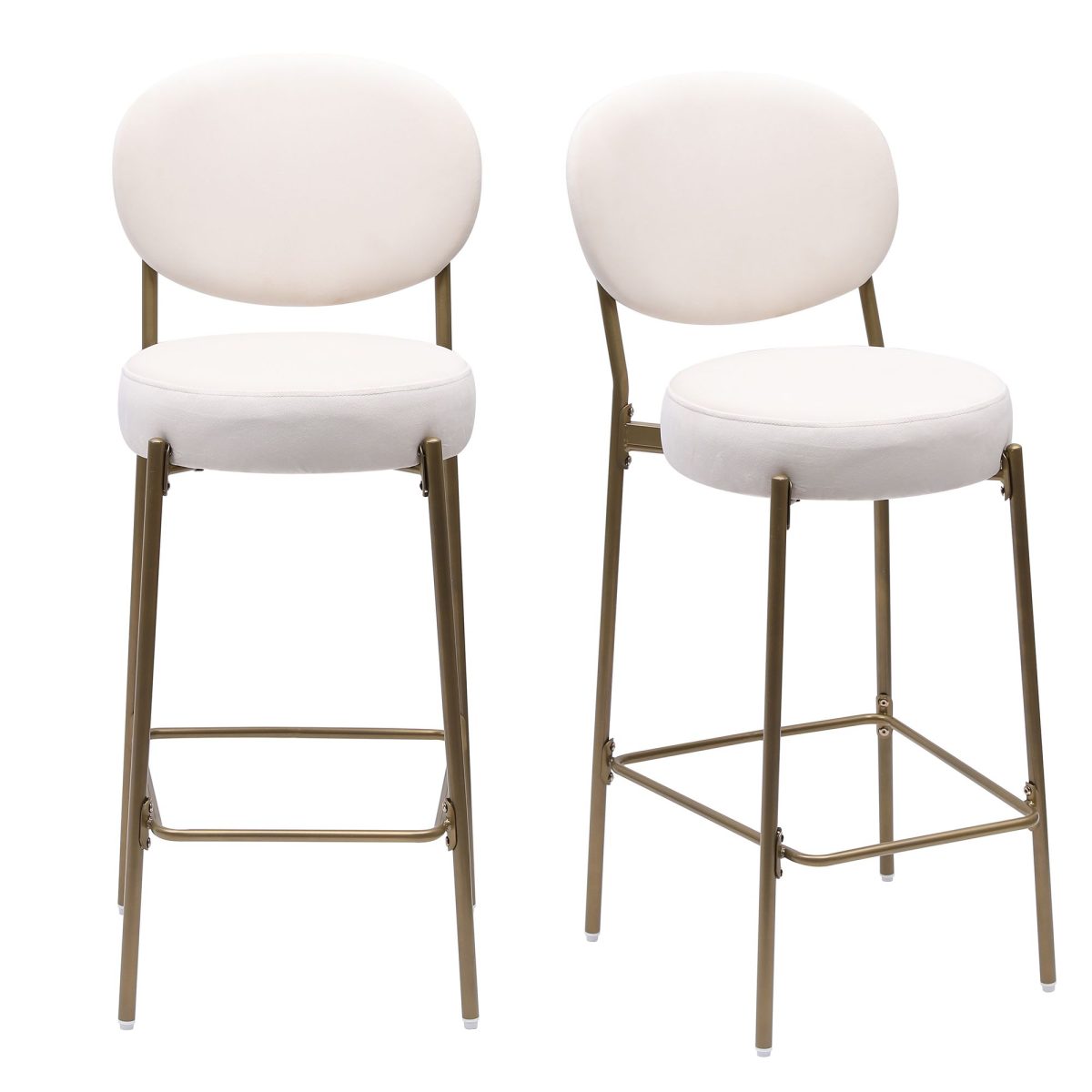 29'' Upholstered Bar Stools Velvet Counter Stool with Backrest & Footrest Set of 2 Round Dining Chairs for Kitchen(Creamy White) - Image 6