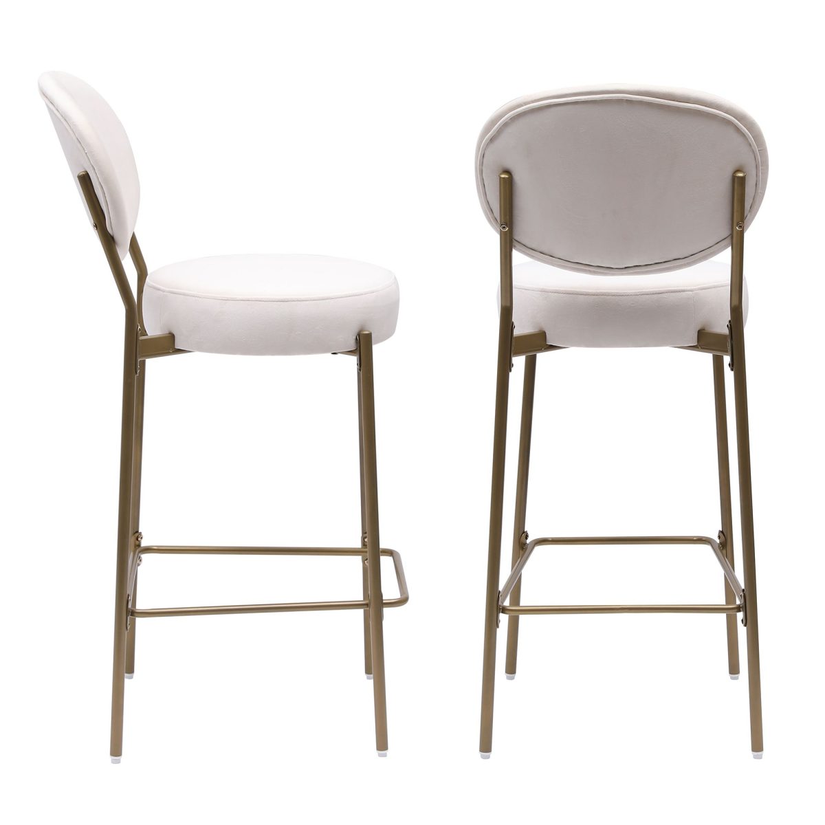 29'' Upholstered Bar Stools Velvet Counter Stool with Backrest & Footrest Set of 2 Round Dining Chairs for Kitchen(Creamy White) - Image 7