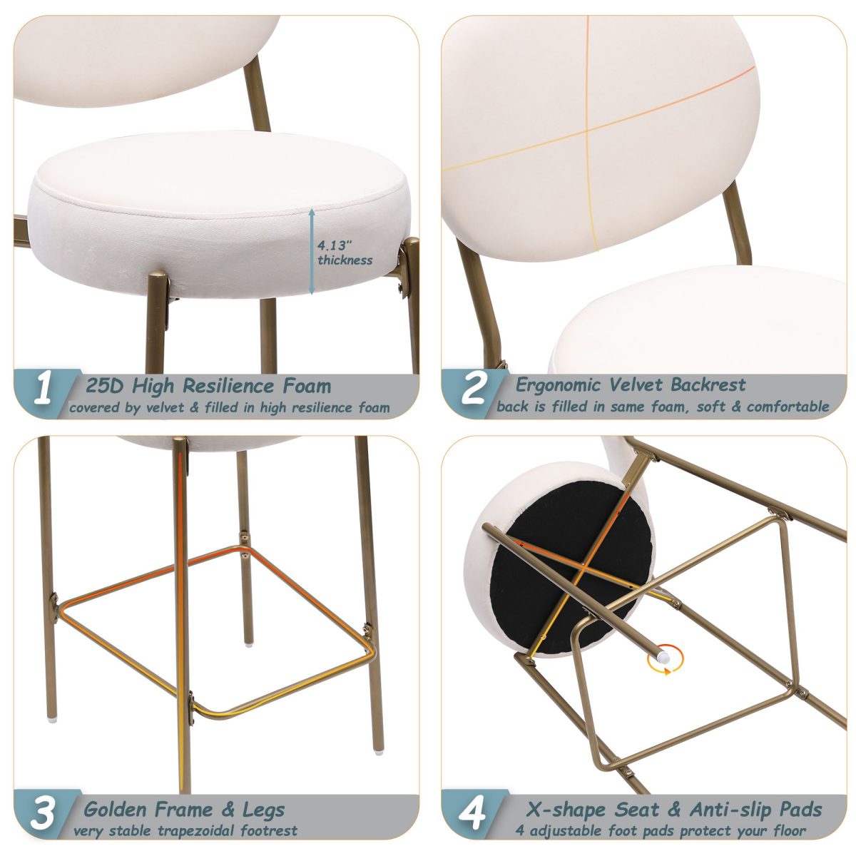 29'' Upholstered Bar Stools Velvet Counter Stool with Backrest & Footrest Set of 2 Round Dining Chairs for Kitchen(Creamy White) - Image 9