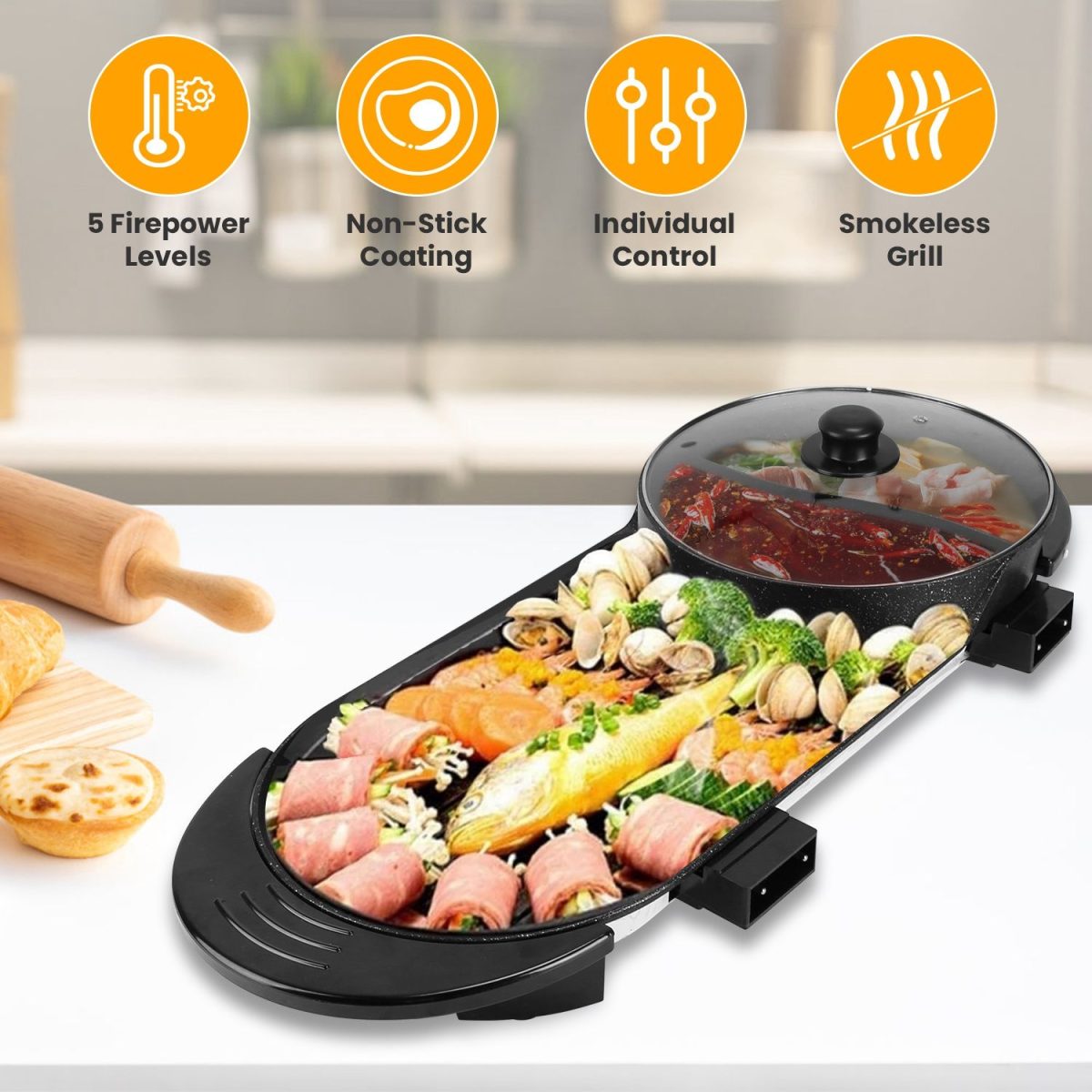 2200W Electric Hot Pot and Grill Combo, 2 in 1 Independent Control Non-Stick Electric Cooker, Smokeless Grill with Hot Pot for 2-10 Persons - Image 2