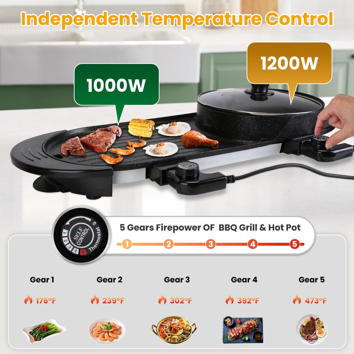 2200W Electric Hot Pot and Grill Combo, 2 in 1 Independent Control Non-Stick Electric Cooker, Smokeless Grill with Hot Pot for 2-10 Persons - Image 4
