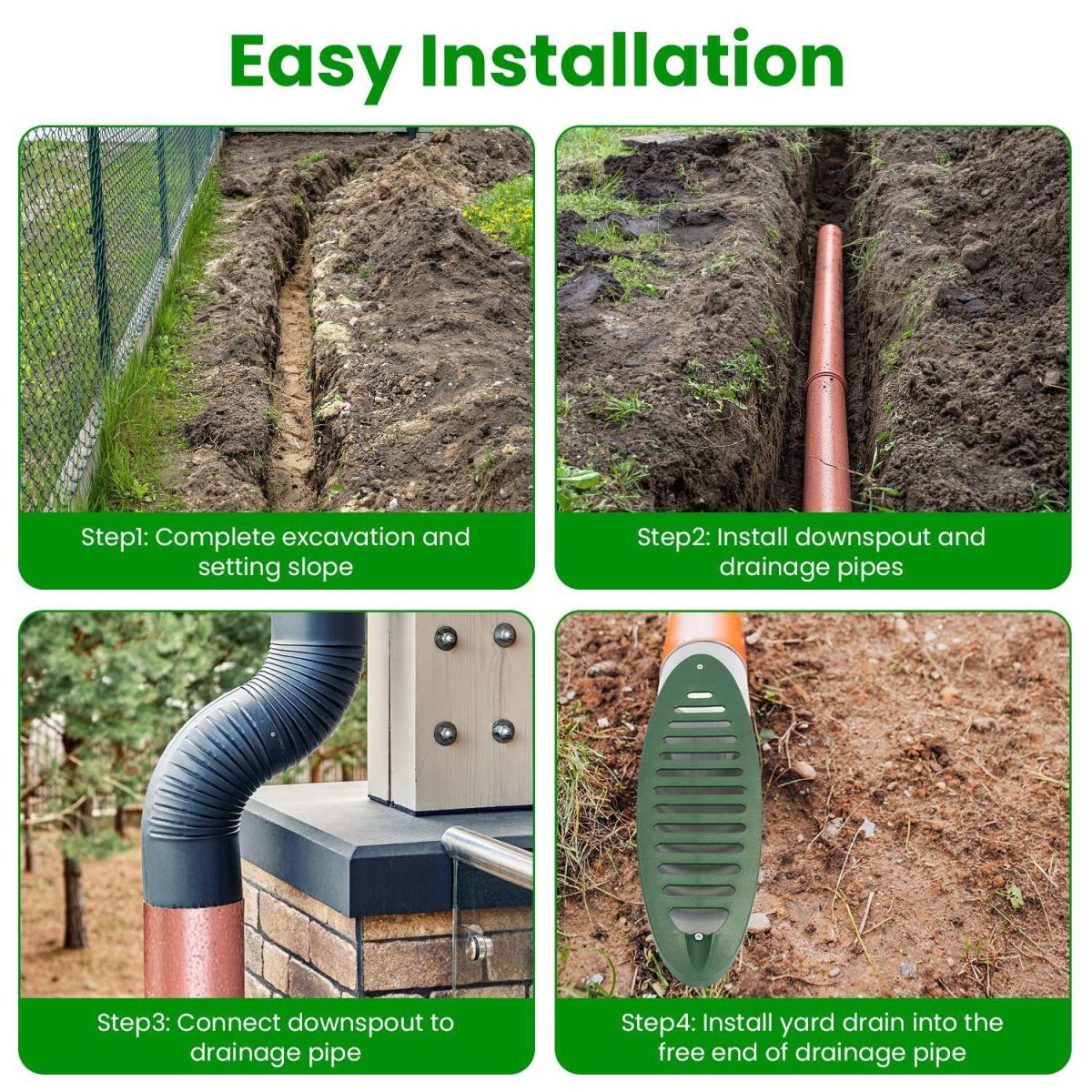 4Inch Green Angled Yard Drainage Pipe With Sloped Grate Yard Drain Emitter For Sump Pump Discharge Downspout Extensions Inlet Outlet Yard Drain Compatible With 4' Connections - Image 7